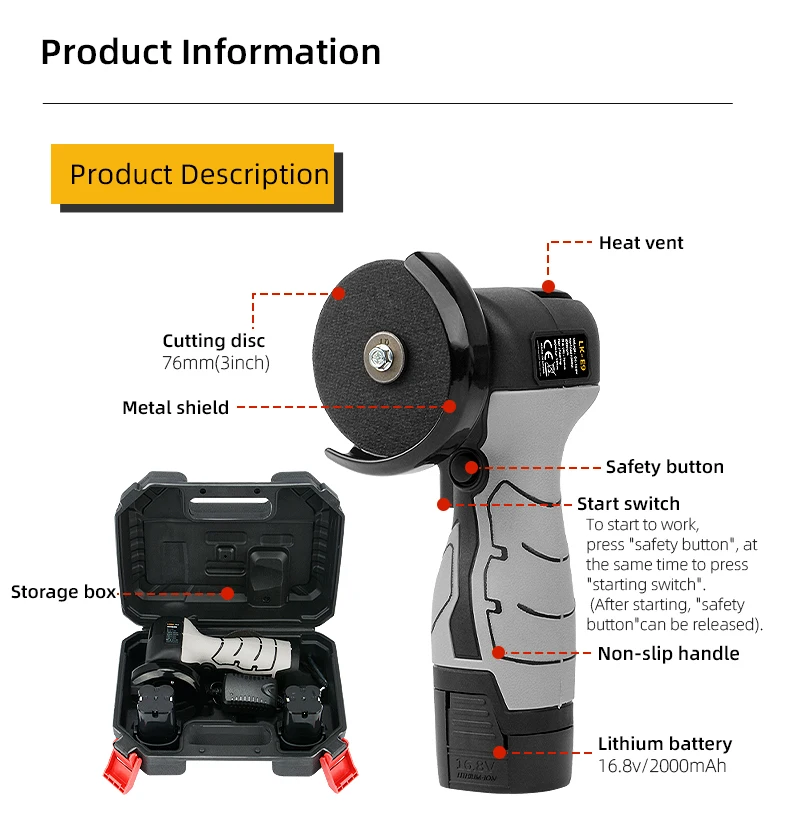 E9-1 16.8v mini angle grinder 76mm portable cordless grinder machine wood cutting machine metal electric polishing machine