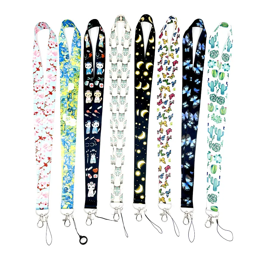 Custom popular polyester dye sublimation logo neck strap lanyard supermarket promotion silkscreen retractable fabric ribbon