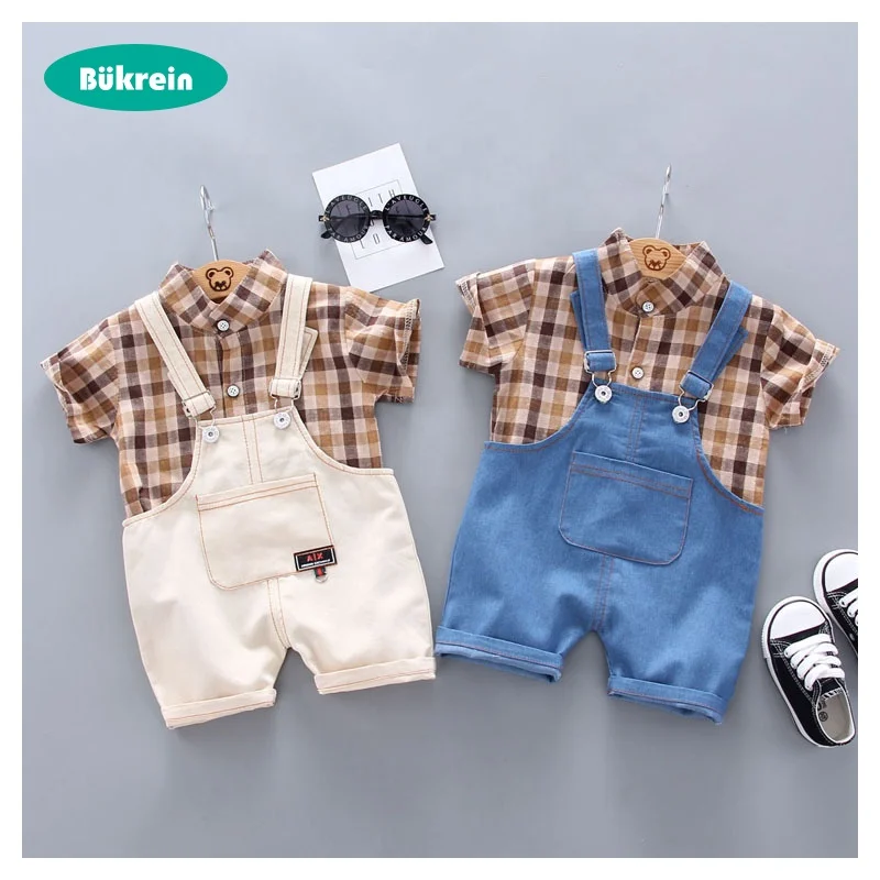 Denim Strappy Pants Short Sleeve New Born Checkered Romper Baby Clothes Boy Summer Set  Newborn