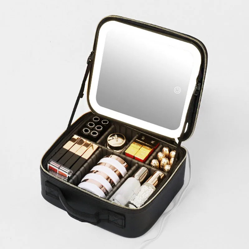 Professional Personalized Black Design Cute Compact Powder Cosmetics Packaging Bags Travel Case Vanity Mirror With Led Light