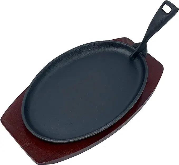Custom size shape black cast iron sizzling hot bbq grill dinner plate frying pan skillet steak plate sizzle platter