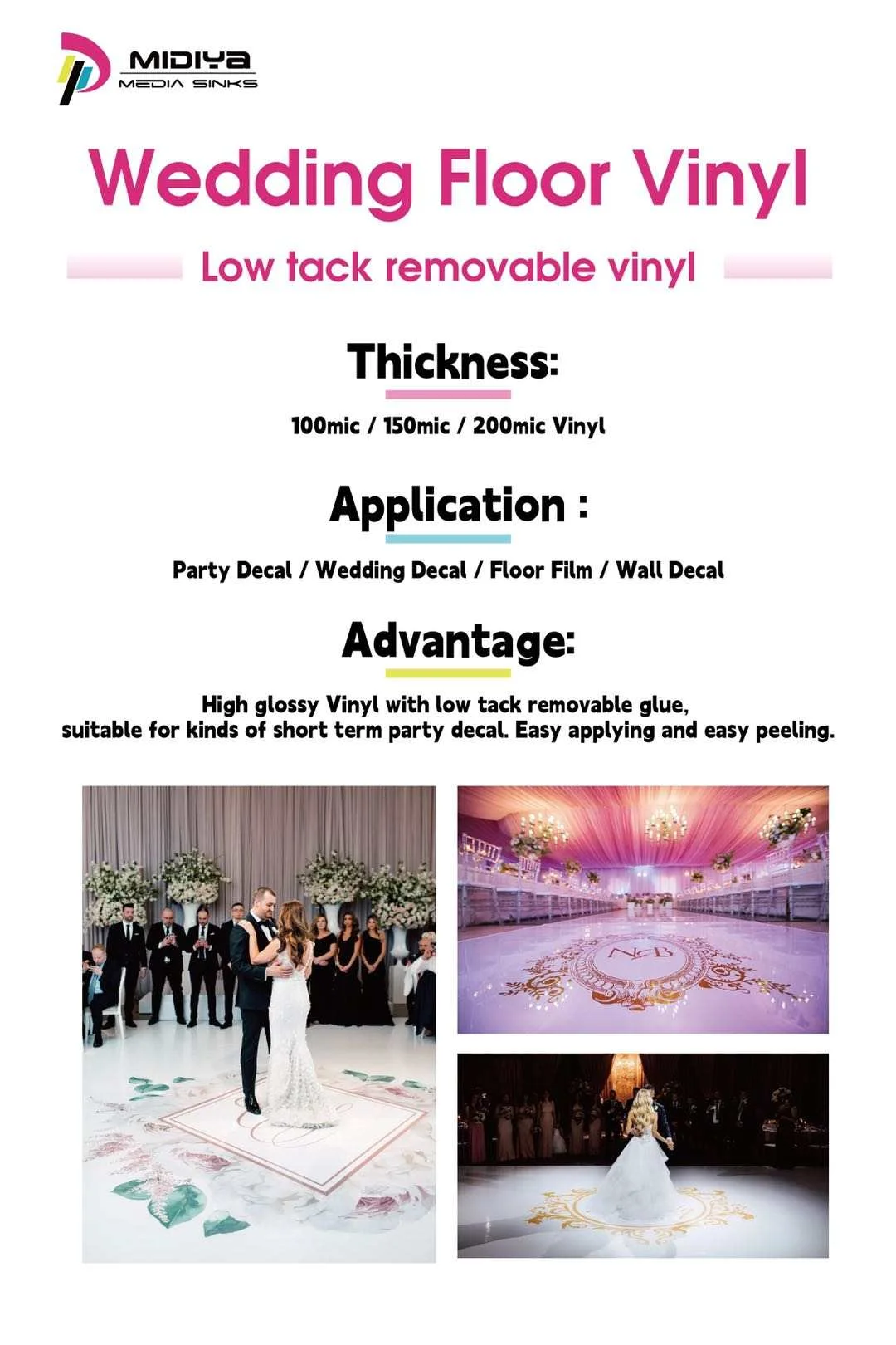 Low Tack Removable PVC Adhesive Vinyl Floor Sticker Easy to Stick and Tear for Wedding Dance Parties