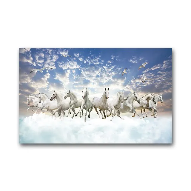 Modern Custom Large White Running Horses Canvas Wall Art Decor Printed Oil Painting Poster Prints for Home Living Room