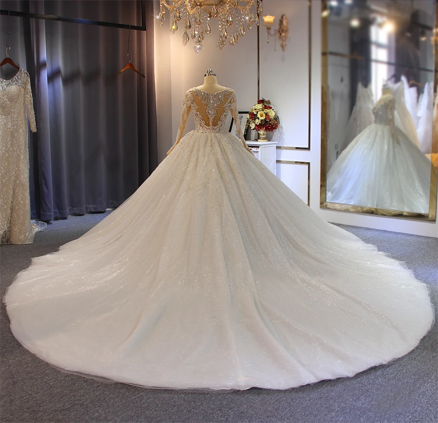 2022 Muslim Wedding Dress Elegant Lace Long Sleeve Sequin Pearl Ladies Prom Dress