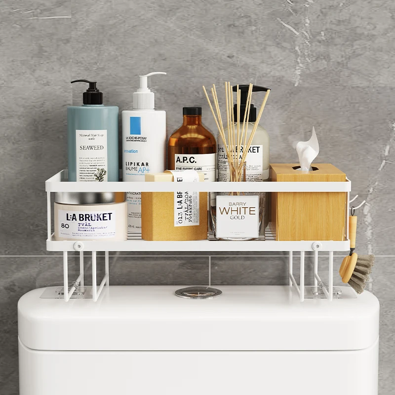 Hanging /Standing Over The Toilet Organizer Shelf 2 Layer Carbon Steel Corner Shelf Countertop With Hooks Bathroom Organizers