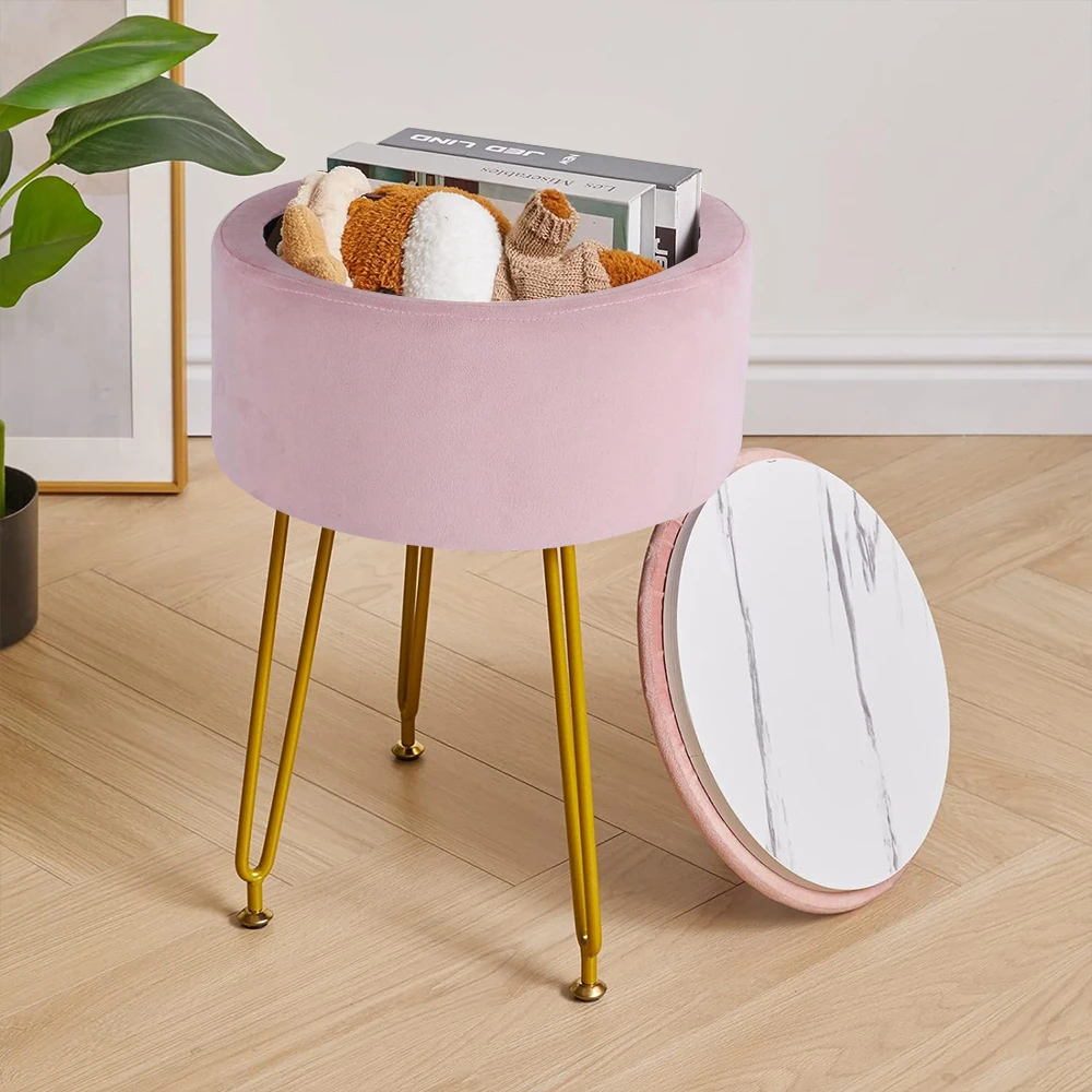 Vanity Seat Bedroom Makeup Pouffe Piano Chair Salmon Pink Velvet Furry Modern Accent Stools