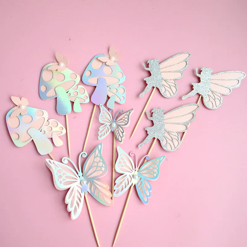 Ychon Fairy Mushroom Butterfly Themed Cupcake Picks Birthday Cupcake Toppers Plug-in Birthday Party Cake Decoration