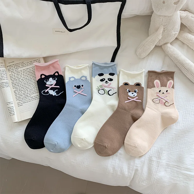 New Arrival Soft Breathable Womens Slipper Socks Girls Bowknot Middle Tube Combed Cotton Cute Animal Cartoon Socks For Adult