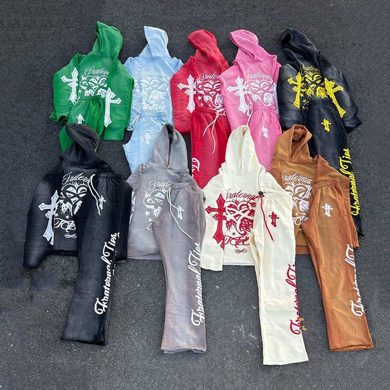 OEM New Fashion Streetwear Digital printing Set Vintage Acid Wash Cropped Sun Faded Tracksuit Men