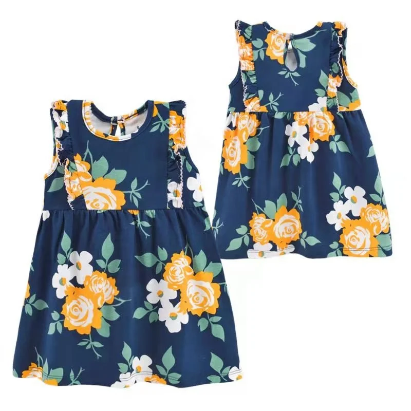 High quality summer ruffle shoulder floral casual lovely party cotton girl baby dresses