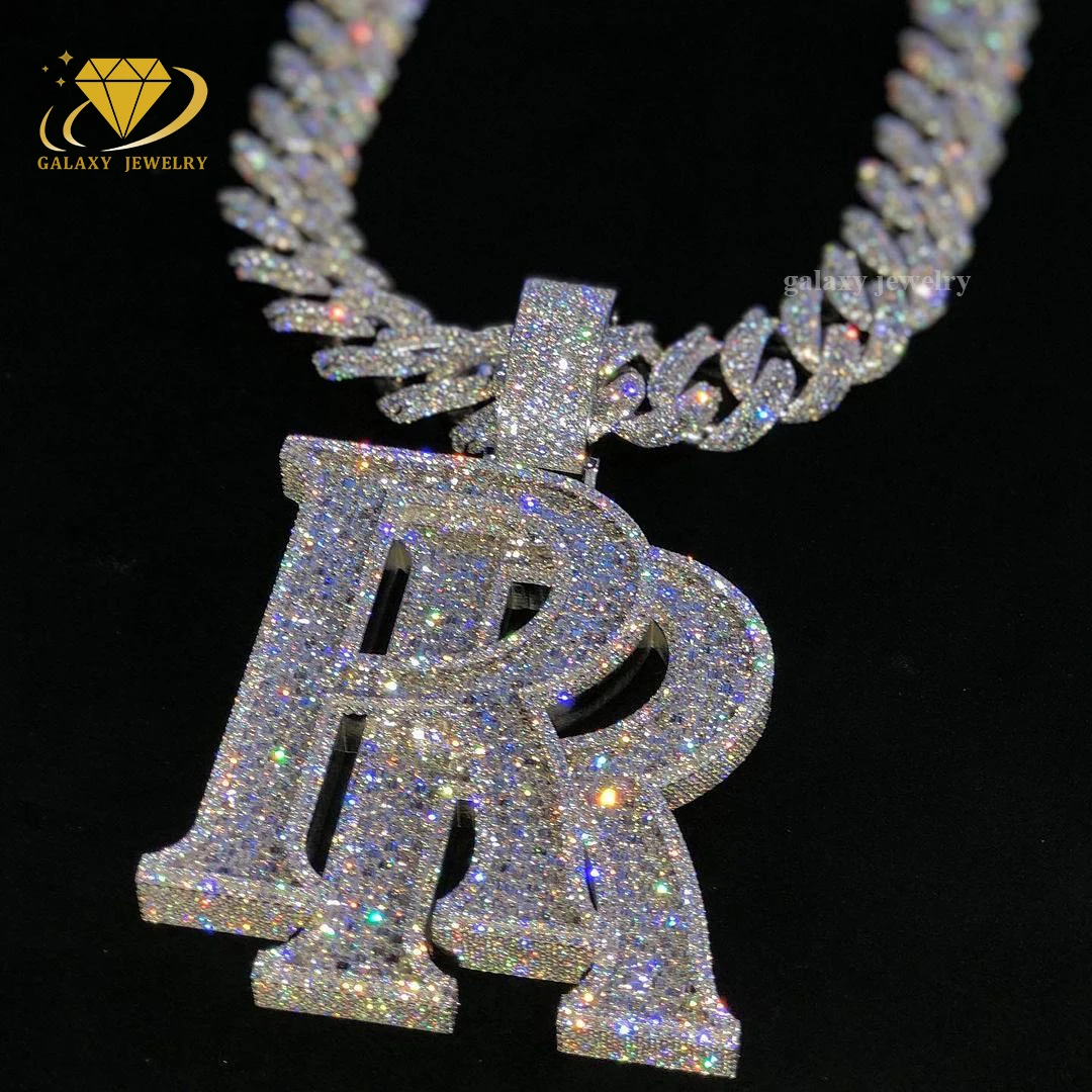 Hip Hop Double R Letter Baguette Diamond Vvs Moissanite 925 Silver Personalized Necklace Iced Out Custom Jewelry Chain Pendant