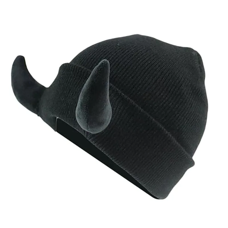 Custom Logo Hip Hop Funny Halloween Party Devil Horn Ear Adult Winter Warm Cuffed Knitted Beanie Hat