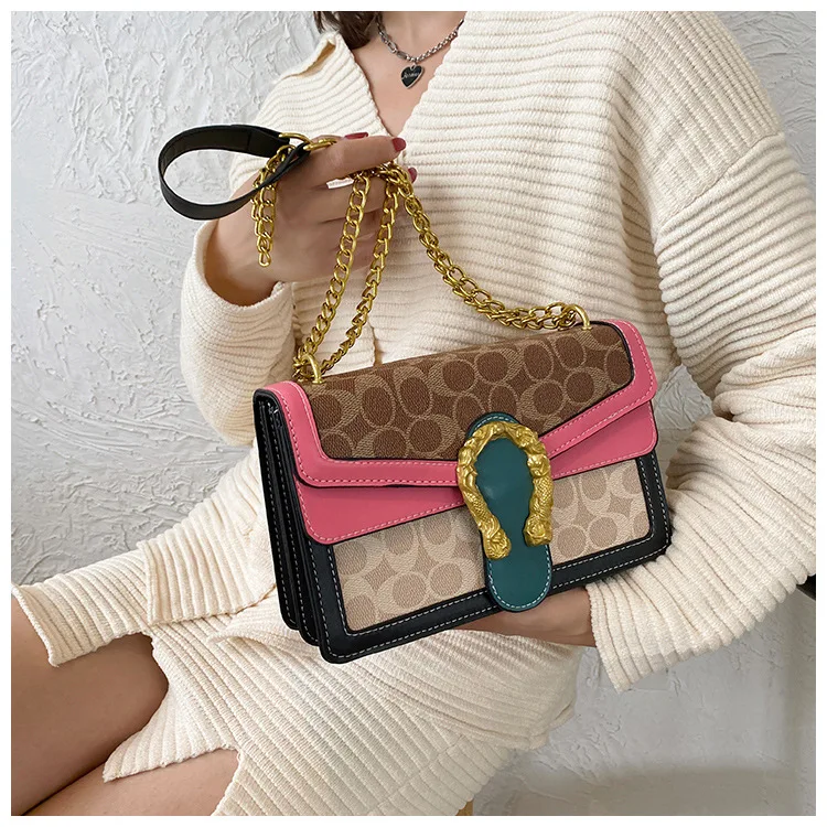 Trend ladies side bags for girls shoulder chain,Vintage square stainless steel gold chain bag