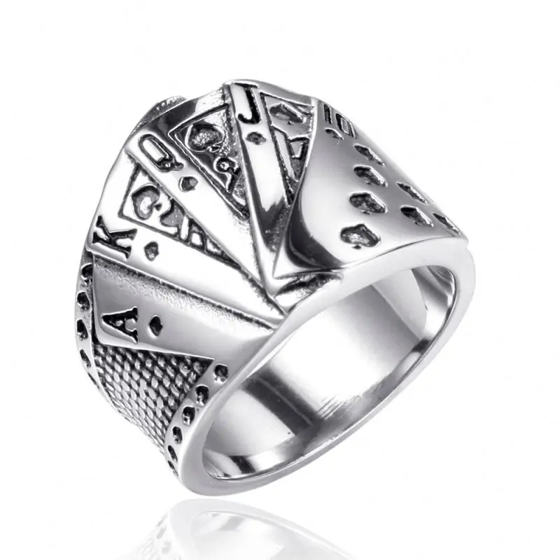 2022 hot 316L Stainless Steel Jewelry Men Magician Playing Cards Vintage Hip Hop Texas Holder Straight Flush Poker Ring for man