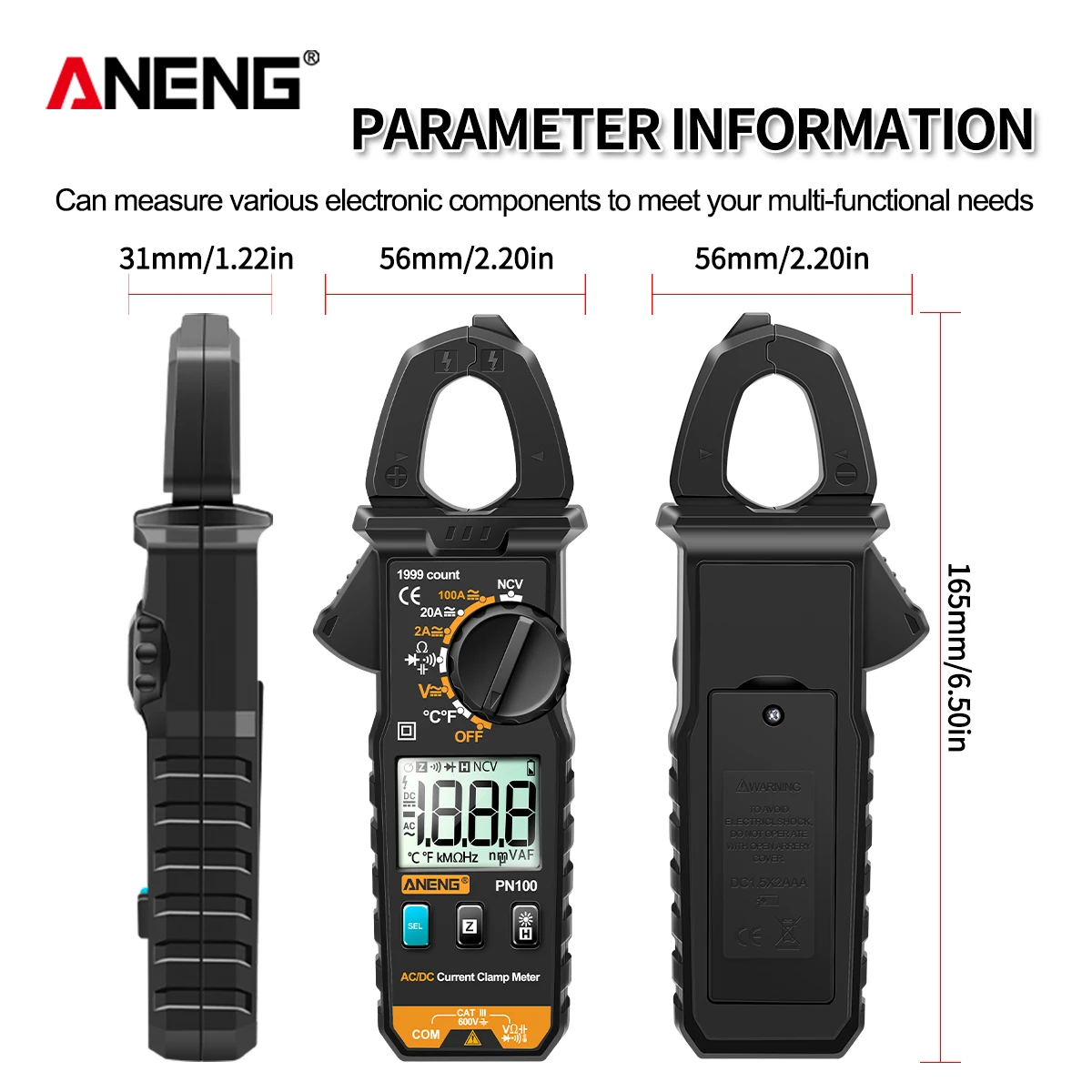 ANENG PN100 Clamp Meter 1mA Accuracy Mini Digital AC/DC Current Clamp Multimeter Resistance Frequency Tester Meter