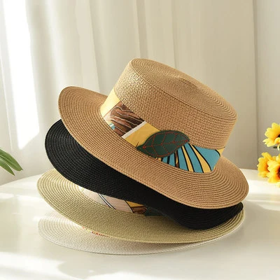 Fashion Summer Casual Outdoor Party Beach Sunshade Leaf Print Ribbon Stripe Sun Hat Flat Top Straw Boater Hats for Men Women