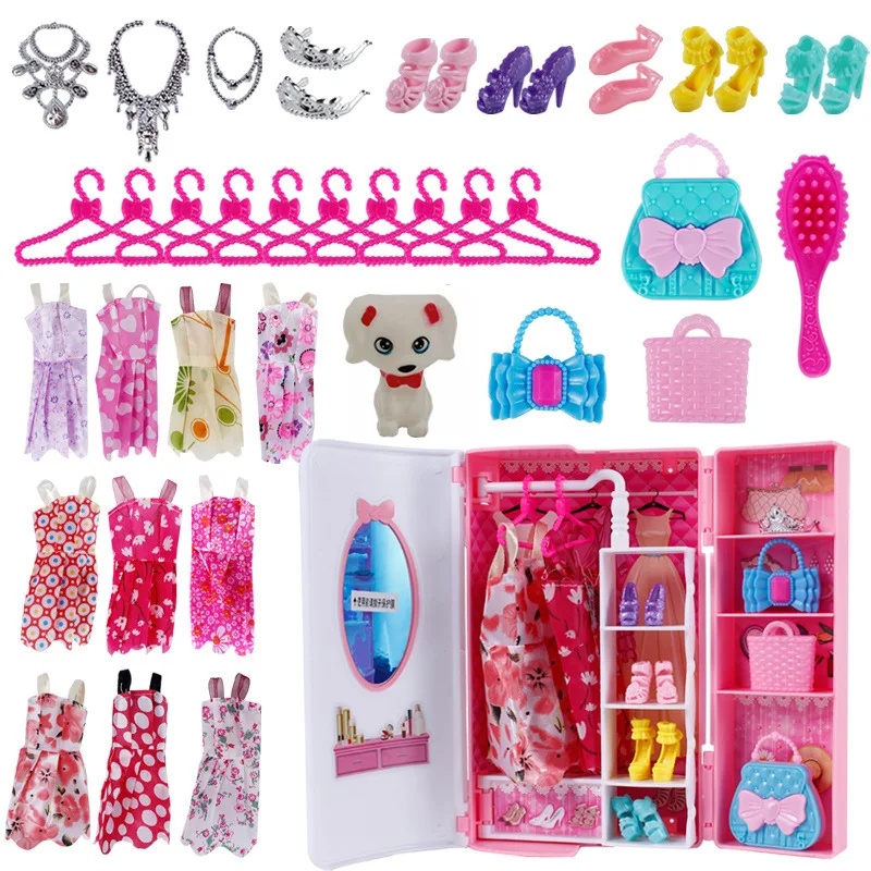 new arrival wholesale 1/6 doll assorted accessories one set=1 cabinet+25 plastic accessories+10 dresses
