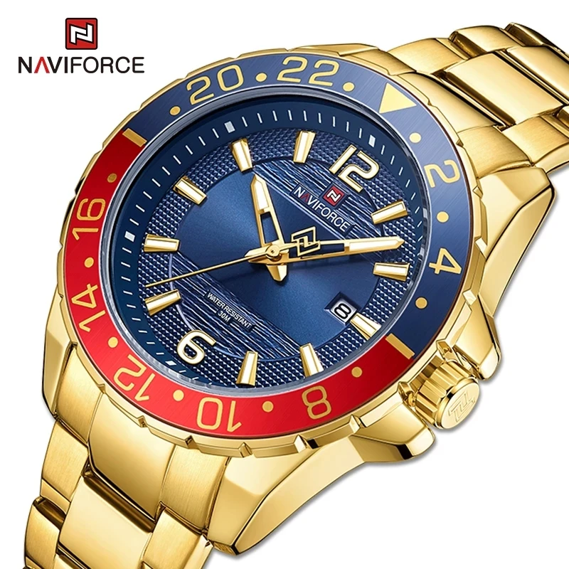 NAVIFORCE 9192 New Gold Sport men Watches with Stainless Steel Band Waterproof Wristwatch Quartz Date Clock relogio