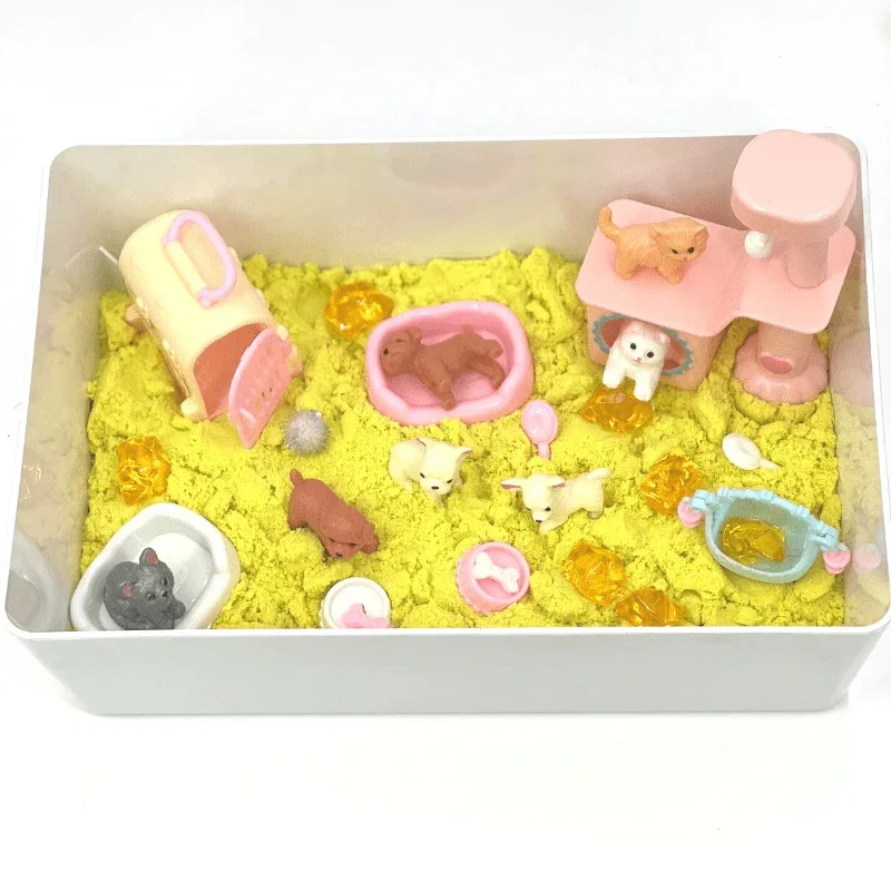 Perfect Kraft Sensory Sand Bin- Pet Playdate with Air Dry Light Clay Theme Animal Model DIY Educational Toy for Kids