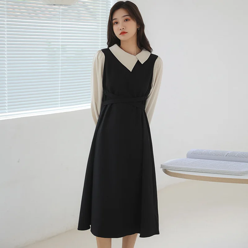Fashion Designer Black Vintage Dress Women Lapel Long Sleeve Sashes Gathered Waist Spliced Slim Long Dress