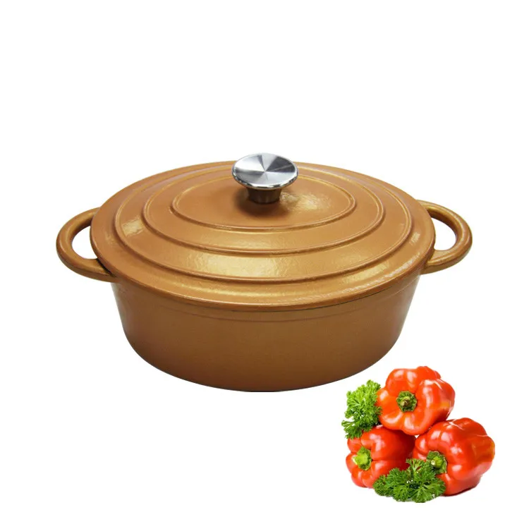 Enameled red oval cast iron dutch oven with two ears