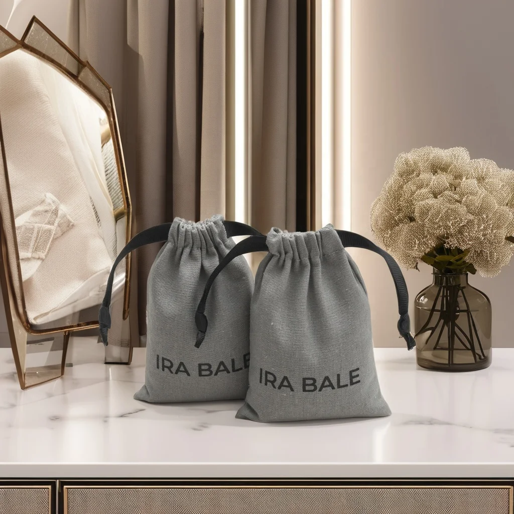 Custom Logo Printing Grey Cotton Linen Lipstick Cosmetic Gift Jewelry Packing Bag Reusable Drawstring Cotton Muslin Pouch