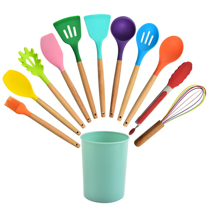 12 Pcs Cooking Tools Color Mix Silicone Kitchen Utensils Set Wooden Handle With Storage Bucket