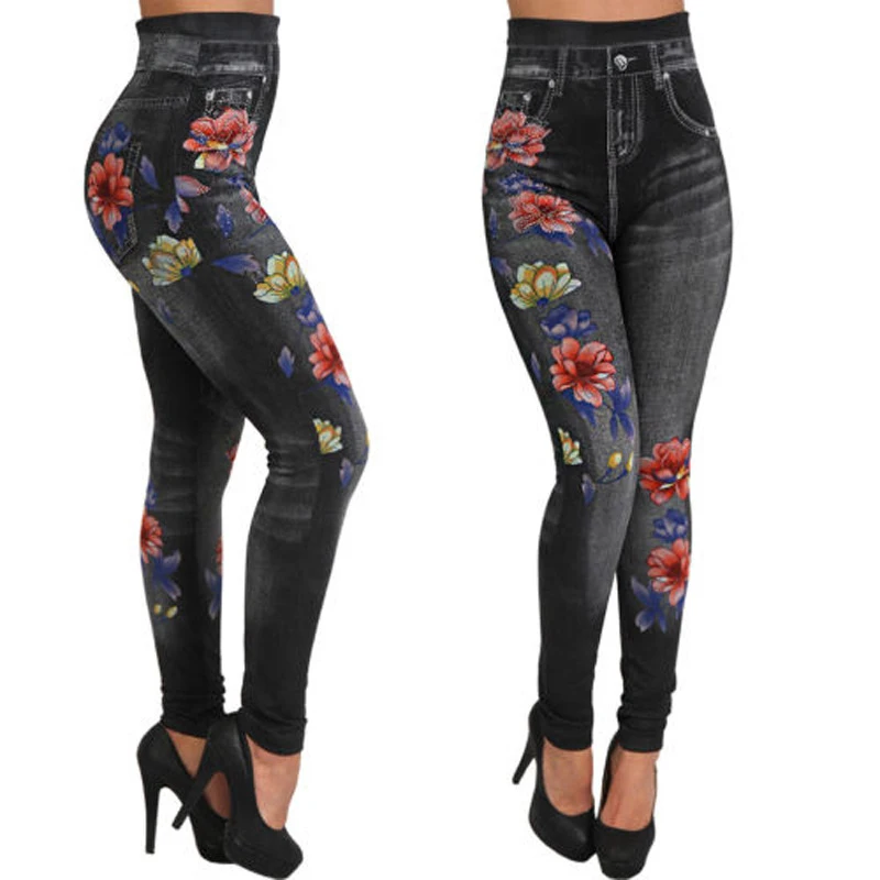 New Women Lift the Hips Leggings Floral Print High Elastic Slim Long Pants Seamless Imitate Jeans Leggings