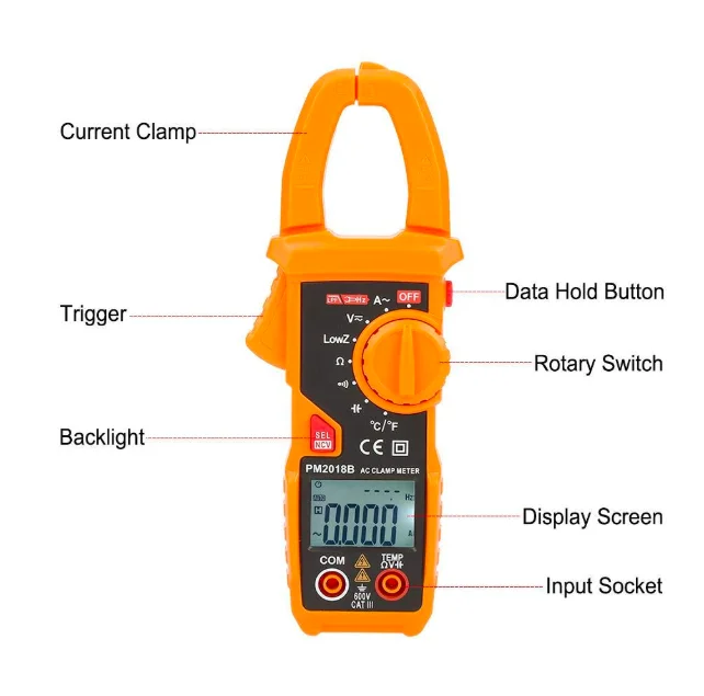 PM2018B Portable AC/DC Auto Range Digital Clamp Meter with 6000 Counts