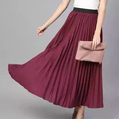 Women Burgundy Accordion Pleat Maxi Flared Skirt Women Long Skirt Wholesale Islamic Pleated Long Skirt Dress