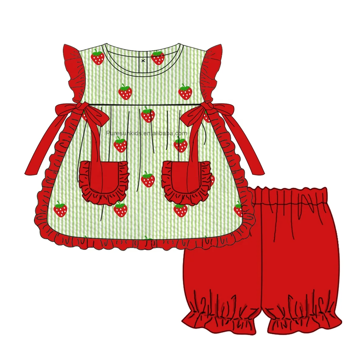 Puresun new design children swimwear scalloped ruffle-strap girl swimwear embroidery wholesale smocked kids swimwear