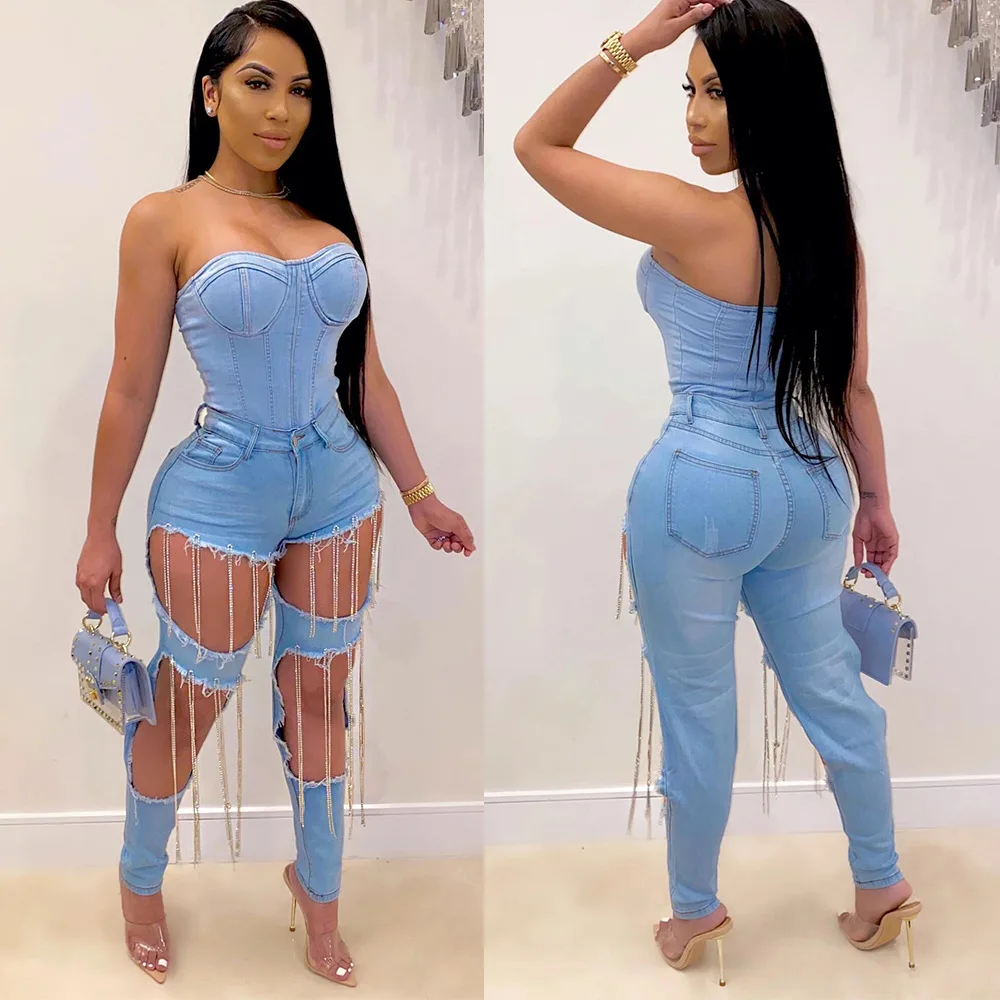 New Design Washed Denim High Waist Large Cutout Rhinestone Fringe Casual Skinny Jeans Women