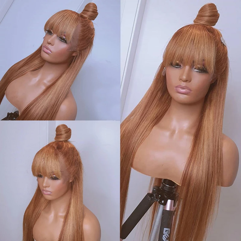 30# Colored Wigs 13x4 Lace Front Closure Wigs with Bangs Human Hair Pre Plucked Brazilian Virgin Hair Glueless Straight Wigs