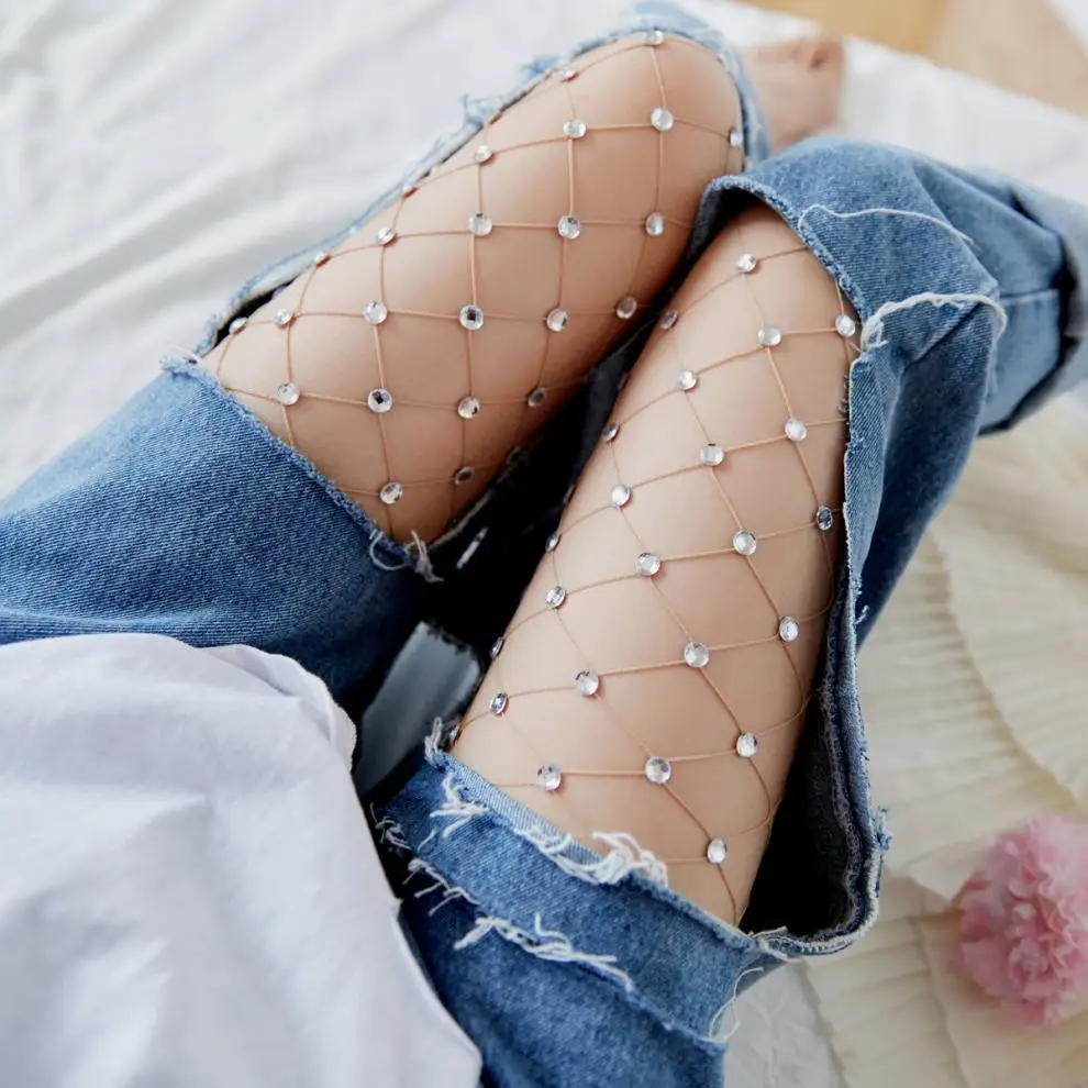 Fashion Designed Rhinestone Sexy Fishnet Hight Waist Stockings Women Pantyhose/ Tights