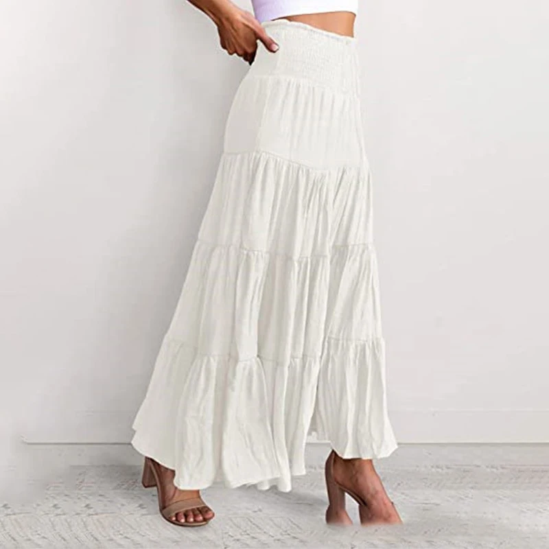 Custom Bohemian Women Summer Casual Elegant Plain A-line Tiered Maxi Skirt
