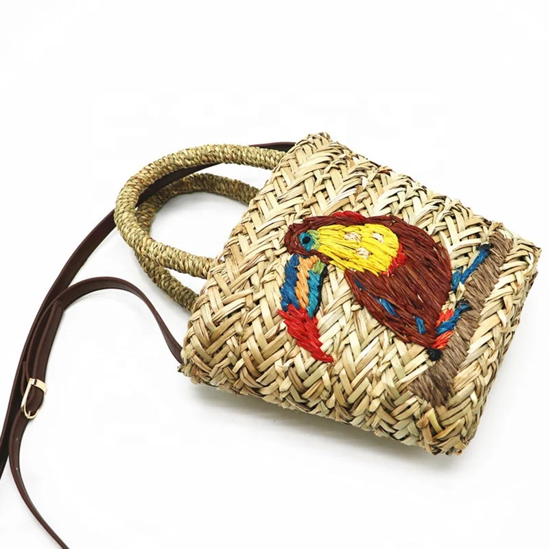 High quality summer straw handwoven handbag beach straw basket crossbody bag with embroidery parrot tote boho bag handmade