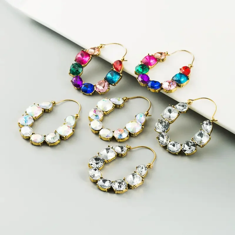 Fashion Big Brand Alloy Set With Diamond Colorful Acrylic Earrings Feminine Graceful Bling Rhinestone Lock Earrings