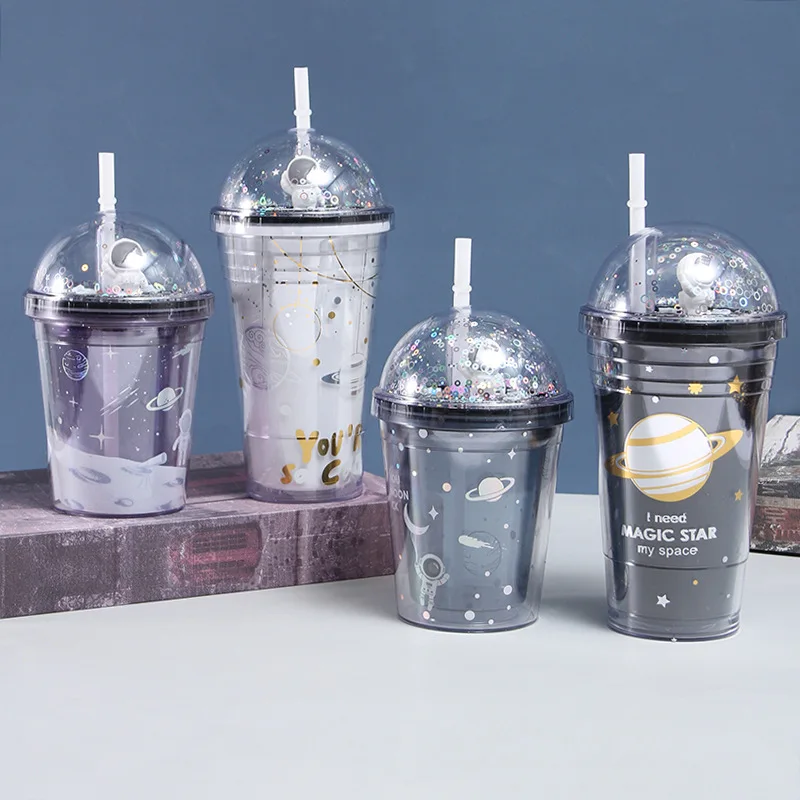 2022 Creative Water Bottle Straw Type With Lid Double Wall Plastic Ice Cup Large Capacity Student Cute Straw Water Cup