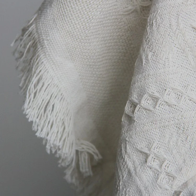 
Sofa cover pure color white cotton knitted bohemian throw with tassel macrame 