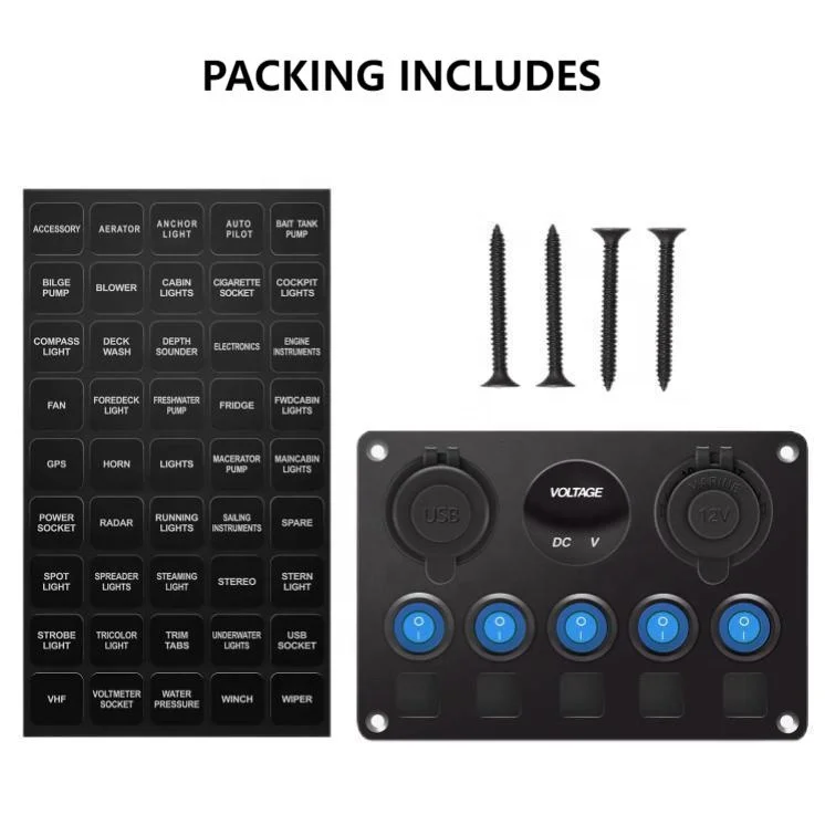 Upgrade 5 Gang Blue Marine Boat Rocker Switch Panel 15A Inline Fuse Aluminum Circuit Breakers Truck RV 12V/24V On-Off Function