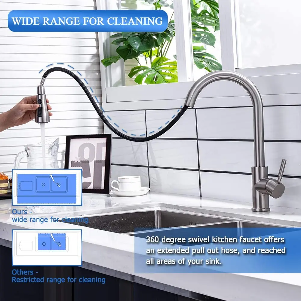 
single handle 304 stainless steel pull out kitchen faucet with deck plate 