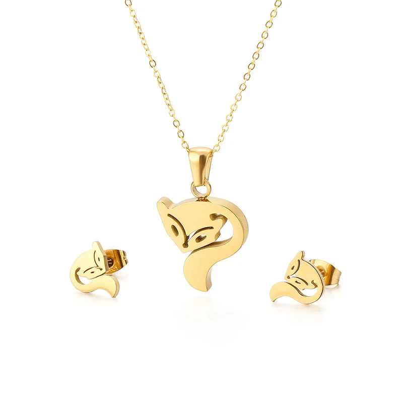 Korea Mori style ladies lovely hollow fox stainless steel stud necklace set wholesale animal accessories
