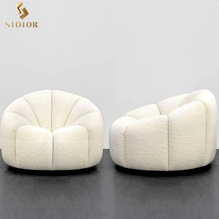 Cream White Lazy Pumpkin Sofa Shaped Boucle Accent Swivel Lounge Chair With Ottoman