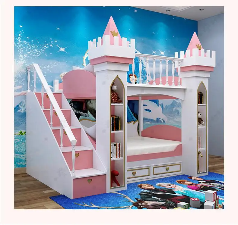 Good quality  bunk pine bed  cheap price for girls double kids furniture bed double bunk bed castle