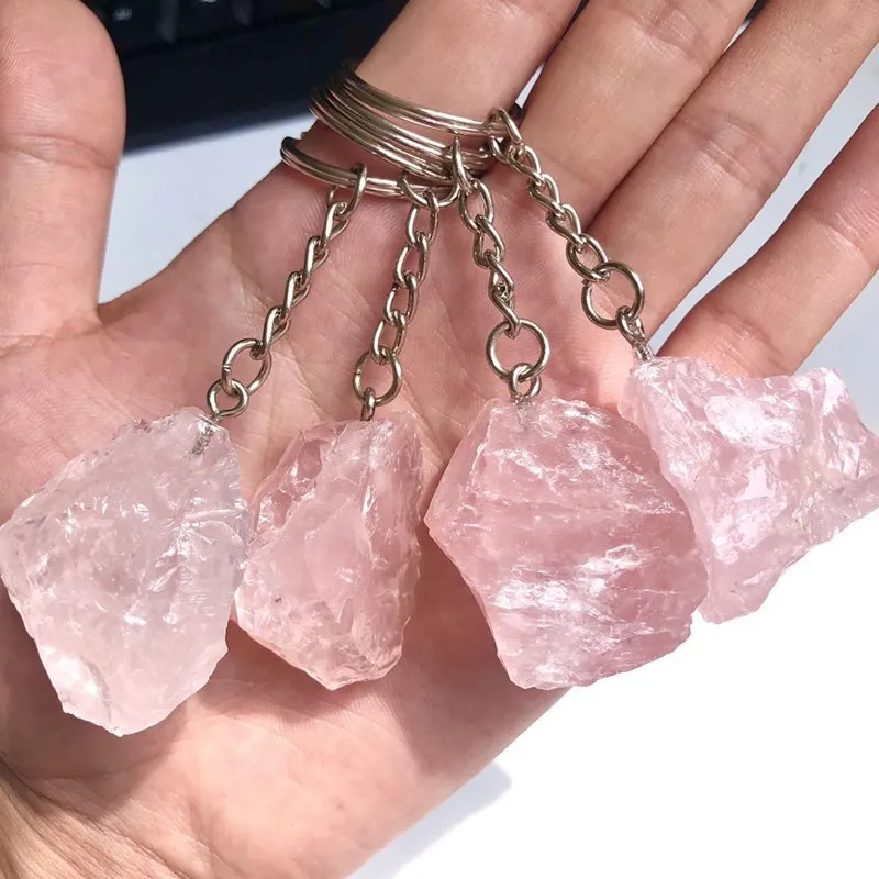New Arrivals Natural Crystals Healing Stones Rough Rose Quartz Keychain Raw Stone Key Chains