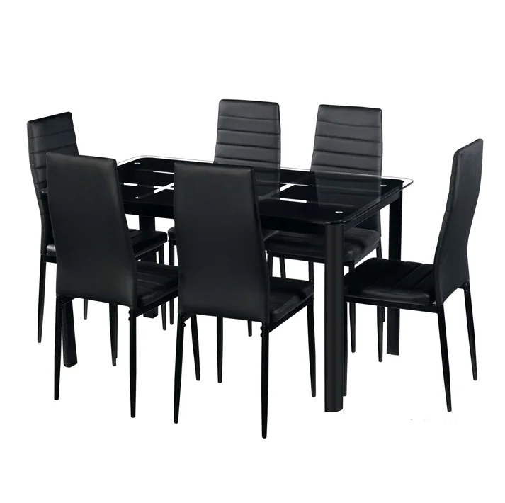 Cheap Modern 6 Seater Black Tempered Glass Dining Table Set For Home Dining Room Use