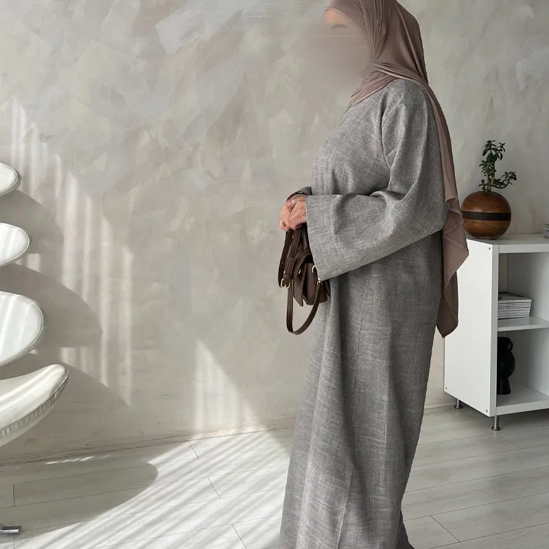 Custom design premium linen blend women abaya solid color breathable muslim dubai abaya women closed linen abaya
