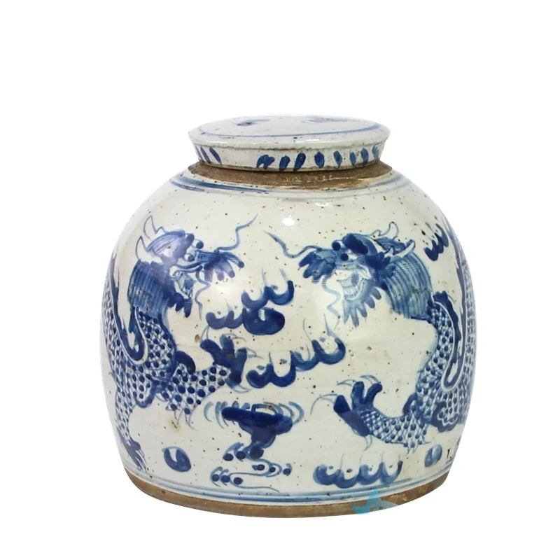 RZEY1217E-L-S Antique hand painted blue and White dragon Lion pattern porcelain home decoration pot