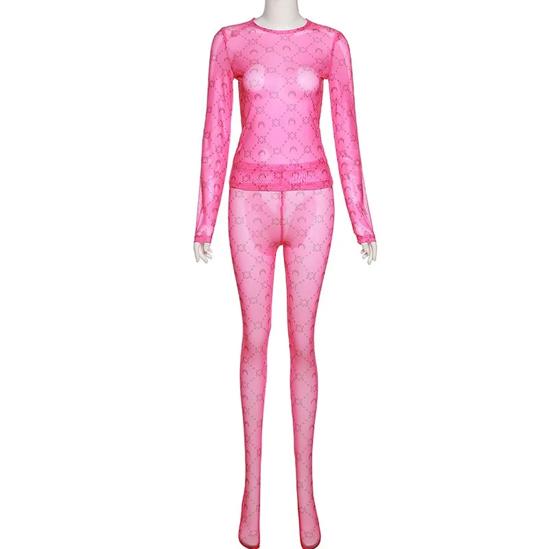 Women Mesh See Through Top and Long Pants 2 Piece Matching Sets Moon and Stars Print Night Club Sexy Party Outfits