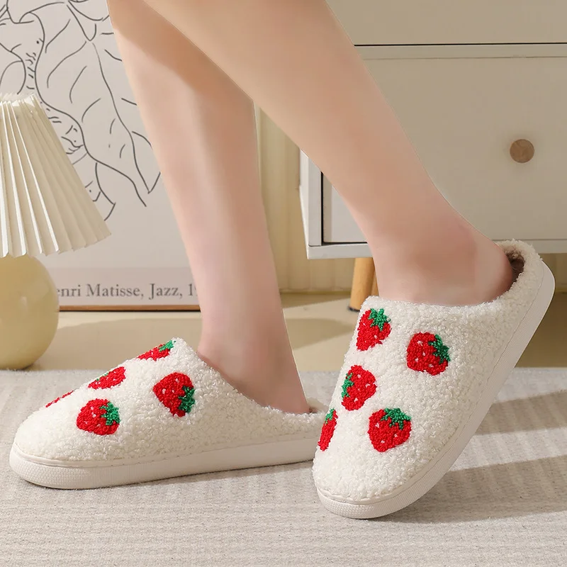 Winter cute cartoon Strawberries plush cotton slippers home indoor warm velvet slippers for women and man
